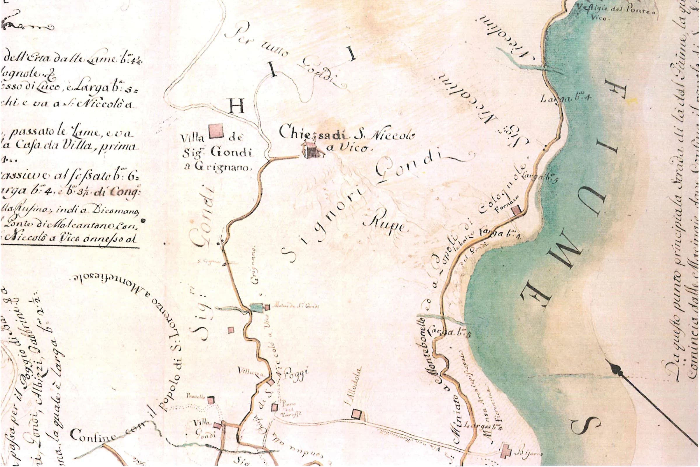 Mappa acquerellata del 1774 di Raffaello Paganelli con il fiume Sieve e la fornace